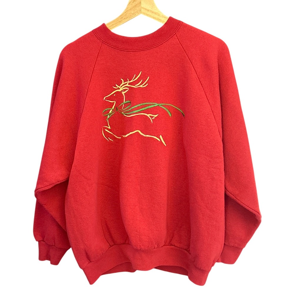 Vintage Fruit of Loom Red Reindeer Embroidered Christmas Sweatshirt XL Holiday